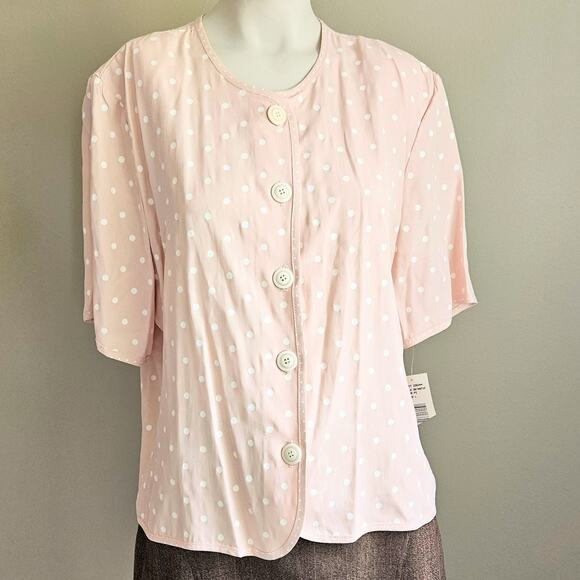 NWT Vintage USA Fritzi Blouse Womens L Polka Dot Pastel Pink Retro Button Career - Picture 1 of 10